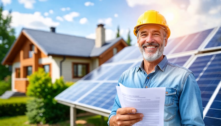 Happy homeowner holding solar grant approval document