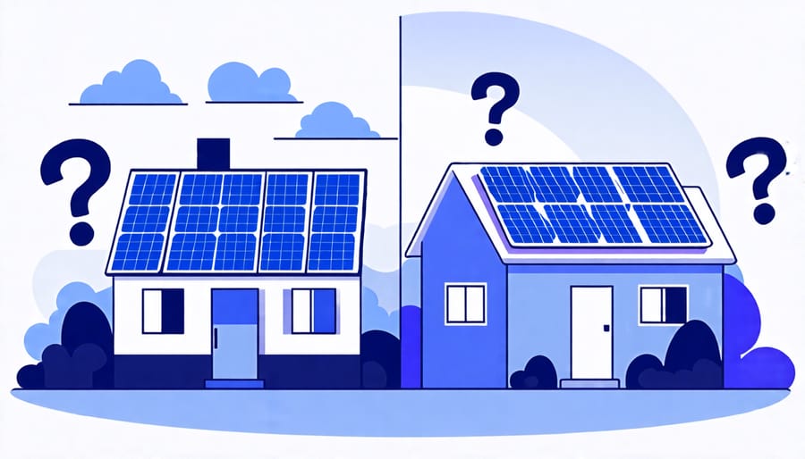 Illustration comparing a house with solar panels to one without, with question marks overhead