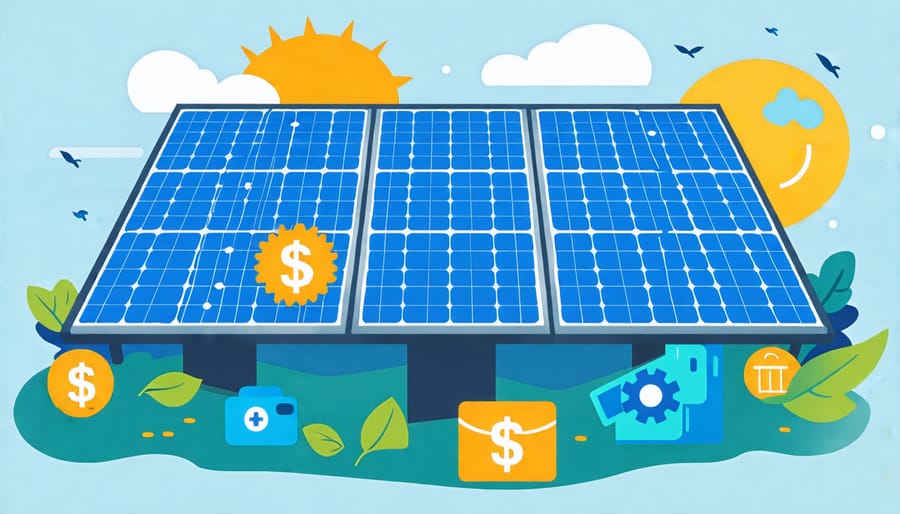 Conceptual illustration of solar panels and financial incentive icons