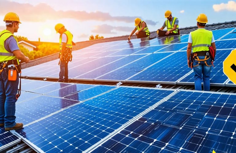 Illustration of solar panel installers on a residential rooftop wearing safety gear, highlighting OSHA compliance with symbols for safety and regulations.