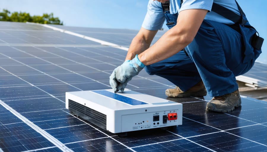 Technician inspecting a solar panel inverter during maintenance