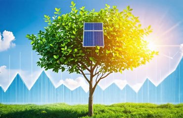 A flourishing tree with solar panels as leaves, set against a backdrop of rising graphs and a sunny sky, symbolizing long-term growth in wealth and sustainability through solar investing.