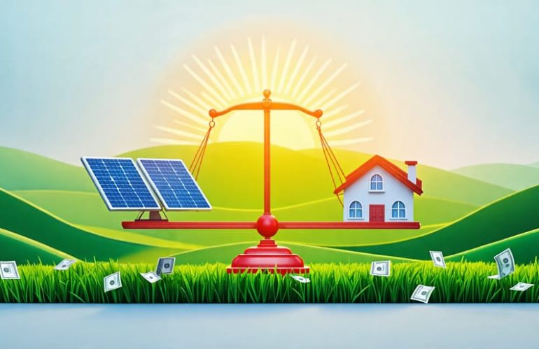 A balance scale illustrating the comparison between solar panels and financial considerations, highlighting the decision-making process for investing in solar energy.