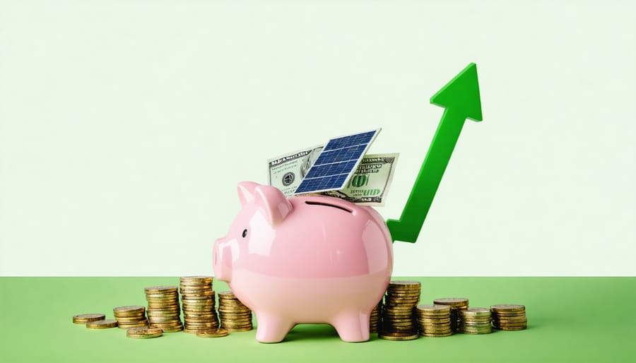 Conceptual illustration of solar energy investment with a piggy bank, money, and upward growth arrow