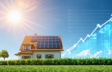 A modern house with solar panels on the roof surrounded by a lush garden, under a bright sun, with a faint upward-trending graph symbolizing increased home value and energy savings.