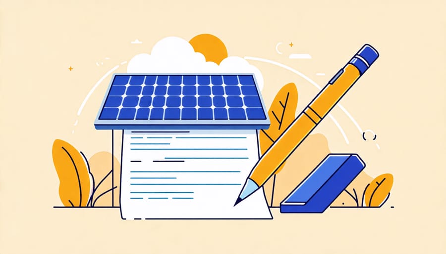 Signing a solar loan agreement with solar panel graphic