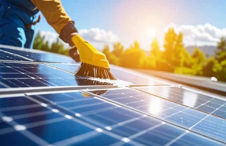 A homeowner using a long-handled brush to clean solar panels on a sunny day, symbolizing efficient solar system maintenance for maximized energy output.