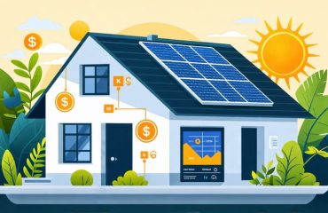 Illustration of a modern home with solar panels, displaying a solar monitoring system with components like sensors and a digital interface, symbolizing efficiency, savings, and sustainability through visual elements like dollar signs and green leaves.