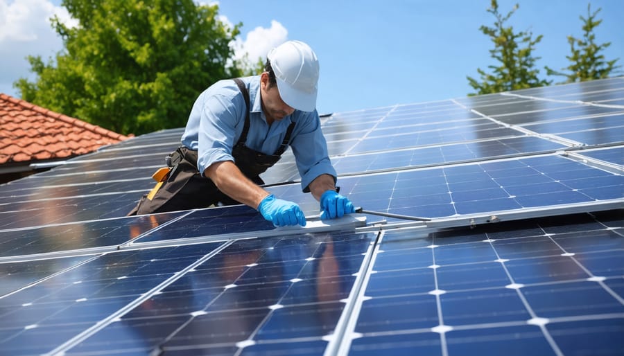 Technician performing routine cleaning on residential solar panels