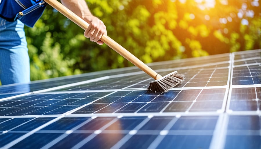 A person cleaning solar panels on a roof using a long-handled brush, highlighting regular maintenance cleaning