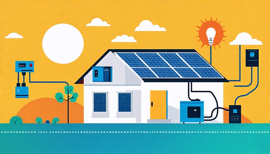 Energy flow diagram showing how solar panels collect solar energy, store it in backup batteries, and utilize it in the home