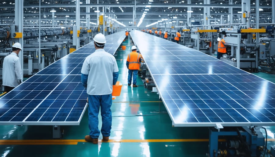 Employees manufacturing solar panels in an industrial facility