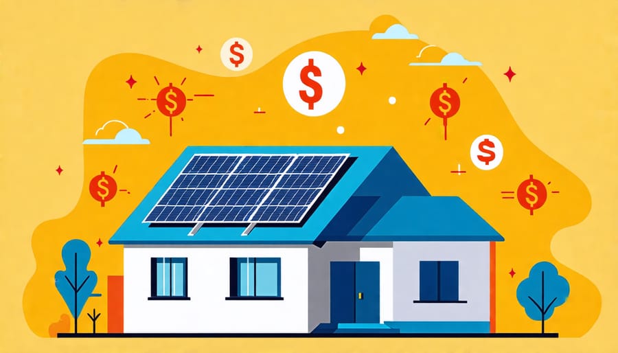 A home fitted with solar panels, with dollar symbols floating around to indicate financial savings