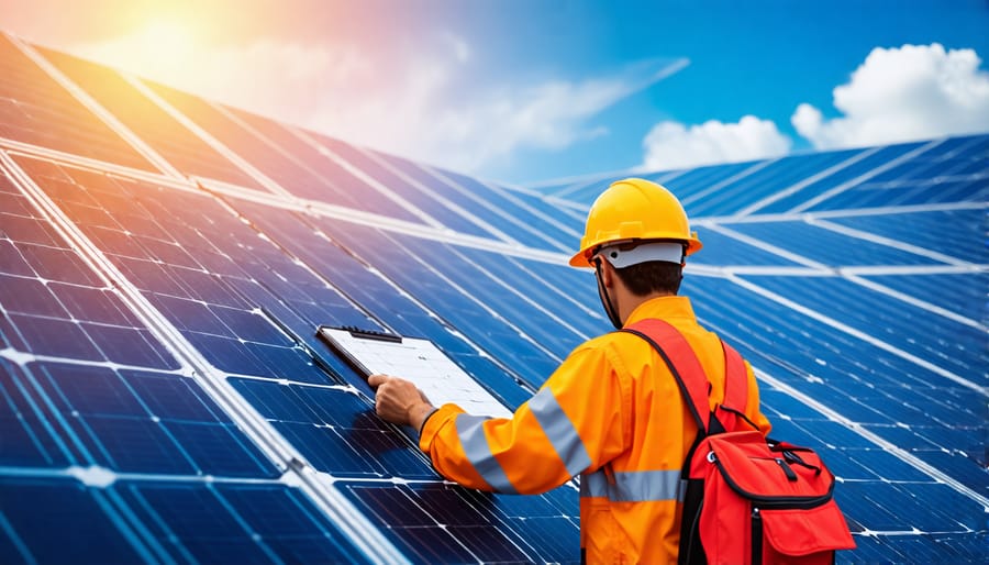 A technician performing a visual inspection of solar panels for possible damage or issues