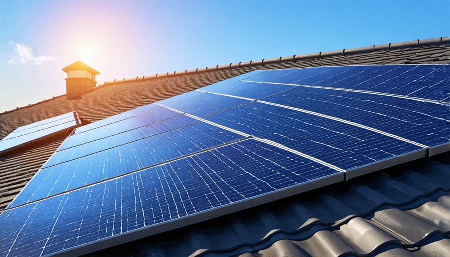 Professional installers mounting solar panels on a house roof