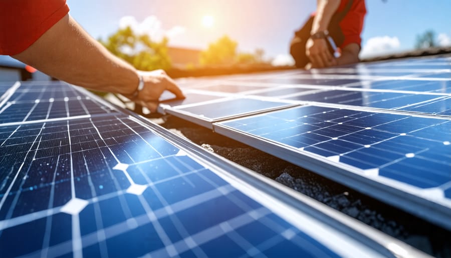 Technician securely installing a solar panel on the roof of a house, showcasing the installation process