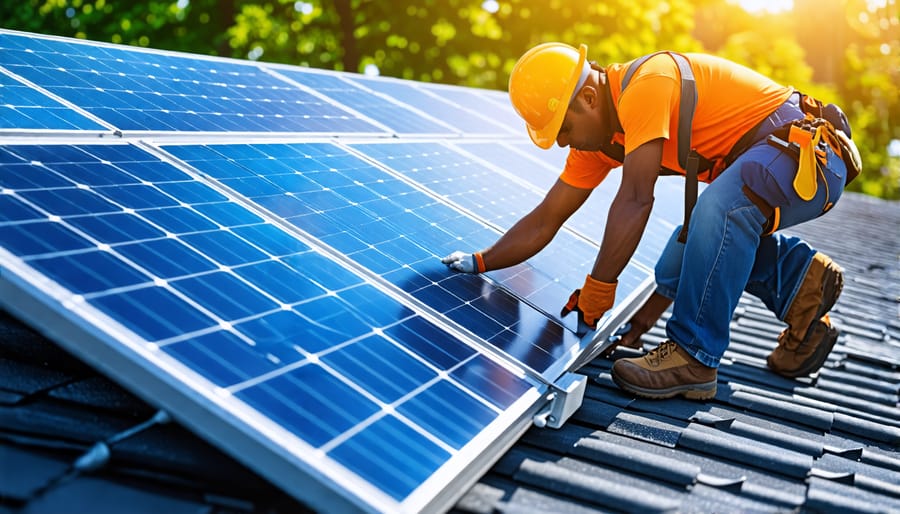 Solar installation crew securing panels to the roof of a house