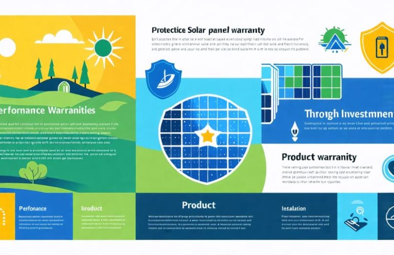 Infographic illustrating how solar panel warranties protect investments, featuring icons for performance, product, and installation warranties with a protective shield symbol.