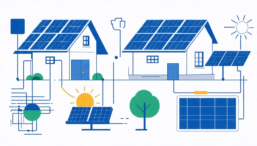 Illustration showing key factors like site assessment, system size, and budget planning for solar panel integration