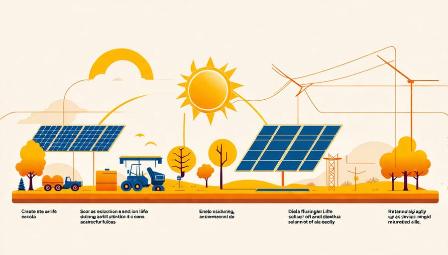 Illustration showing stages of a solar panel's lifecycle, from production to end-of-life