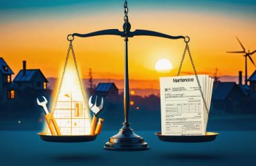 Conceptual illustration of a balance scale with a glowing solar panel and maintenance tools, symbolizing the cost vs. savings of solar panel maintenance for homeowners.