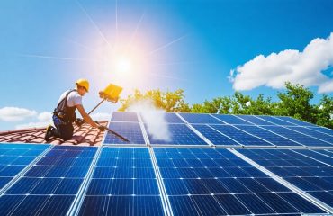 A technician cleaning solar panels on a residential rooftop, with the sun shining brightly, symbolizing efficiency and sustainability in solar energy.