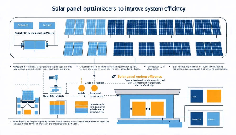 Schematic representation of solar panel optimizers enhancing energy harvest in partially shaded conditions