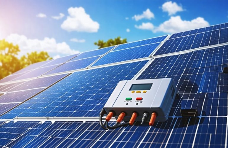 Illustration of a homeowner resetting a solar panel system, highlighting solar panels, inverter, and control panel to demonstrate effective maintenance for optimal energy efficiency.