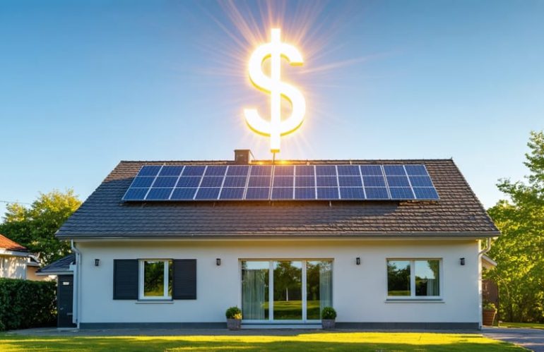 Artistic illustration of a house with solar panels on the roof and a glowing dollar sign in the sky, representing the return on investment from solar energy.