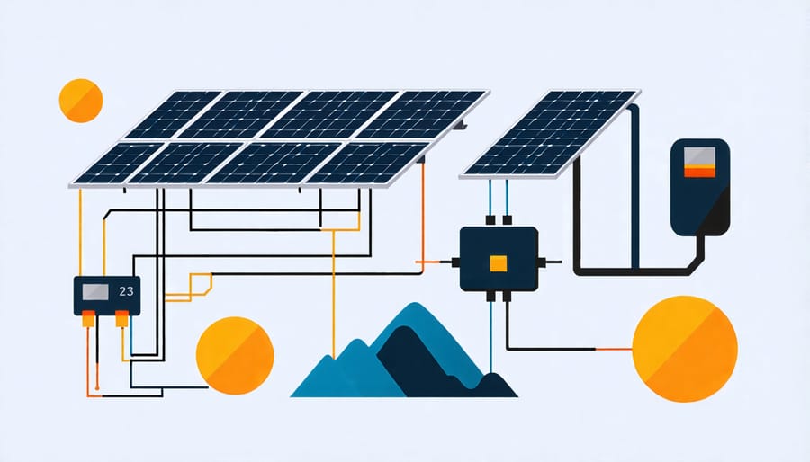 Diagram showing the components of a residential solar panel system, including panels, inverter, and control panel