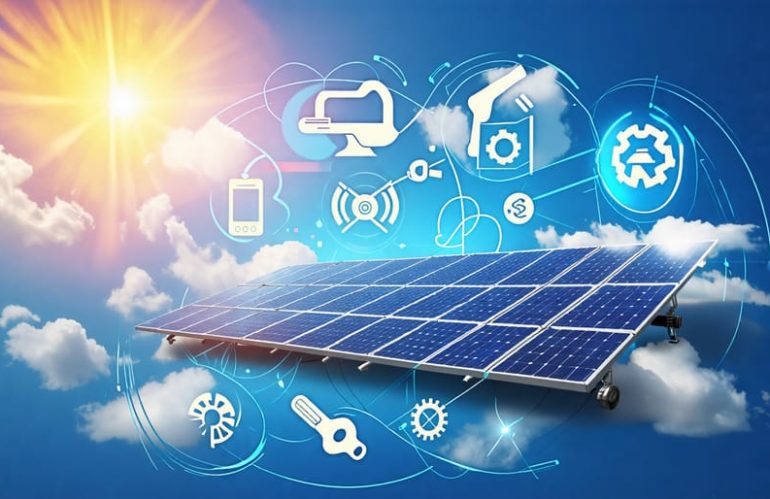 A conceptual illustration depicting maintenance and repair of solar panels, symbolized by tools and diagnostic devices, with a sun breaking through clouds in the background.