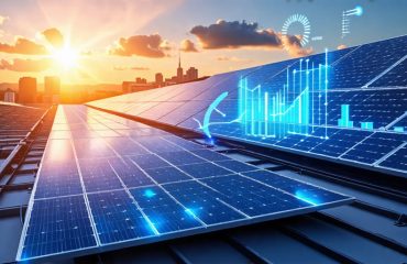 Illustration of a futuristic rooftop with various advanced solar panels, including monocrystalline, polycrystalline, PERC, and n-type cells, emphasizing enhanced efficiency and energy savings.