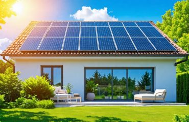 A house roof with different solar panel types—monocrystalline, polycrystalline, and thin-film—highlighted under a sunny sky, amidst a green, sustainable landscape.