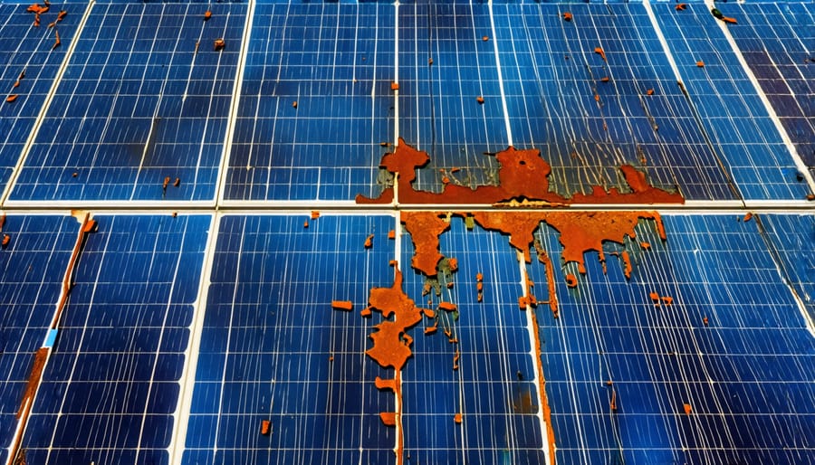 Solar panel wiring with corrosion and loose connections