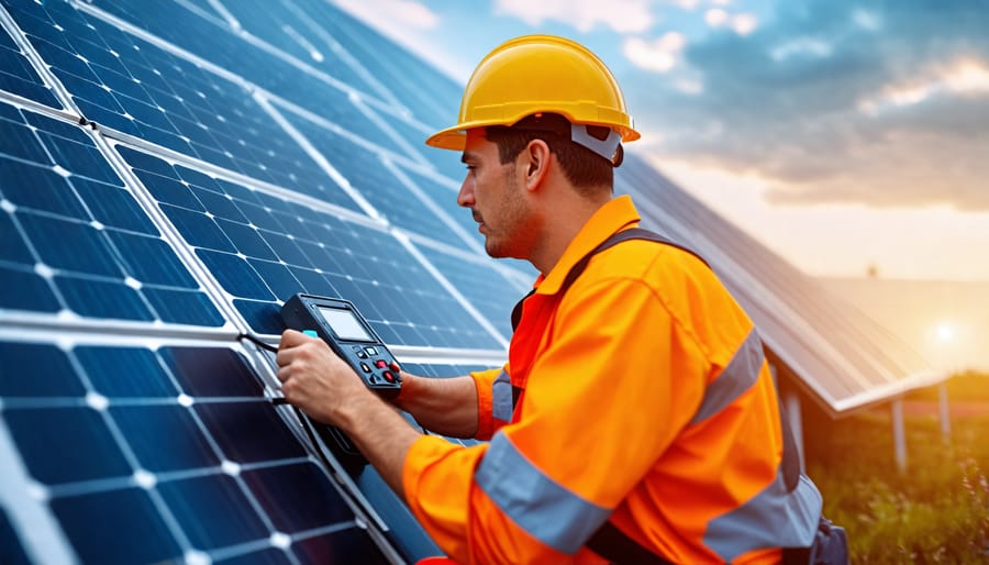 Technician wiring solar panels into a home's electrical system components