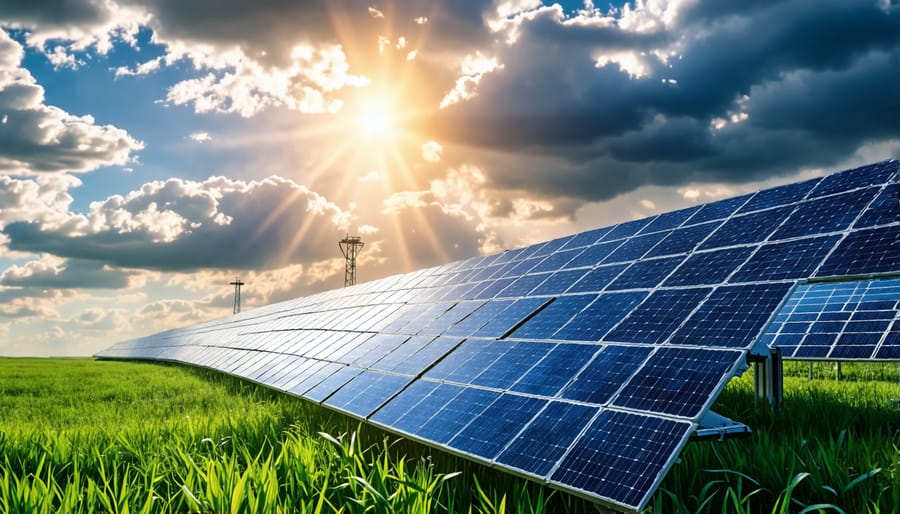 Solar panels generating power on a cloudy day