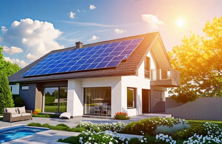 A residential home with rooftop solar panels, accompanied by insurance papers and a calculator, illustrating the concept of homeowners insurance considerations for solar panel installations.