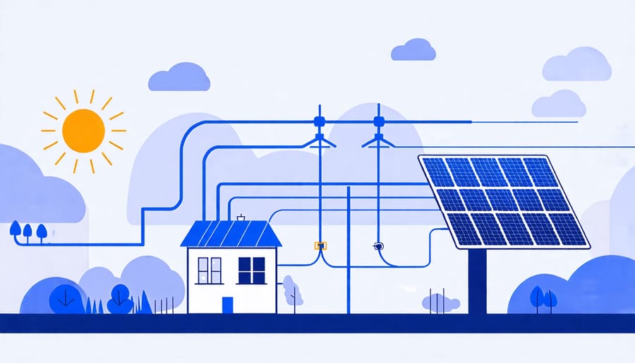 Diagram of solar panels connected to the national grid illustrating energy flow