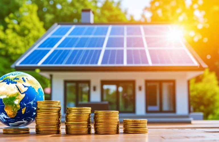 Residential home with solar panels on the roof, representing financial savings through solar energy and its positive impact on the environment.