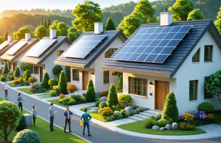 Illustrative depiction of a suburban neighborhood with solar-powered homes, showcasing the adoption of solar energy and cost-saving incentives.