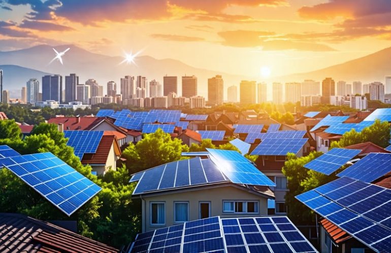 Futuristic cityscape powered by solar panels with sunlight illuminating urban rooftops and buildings, representing sustainable energy solutions.