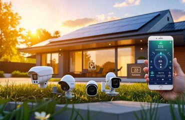 A modern home with solar panels and smart security components like cameras and a smartphone app, symbolizing solar-powered security and energy savings.