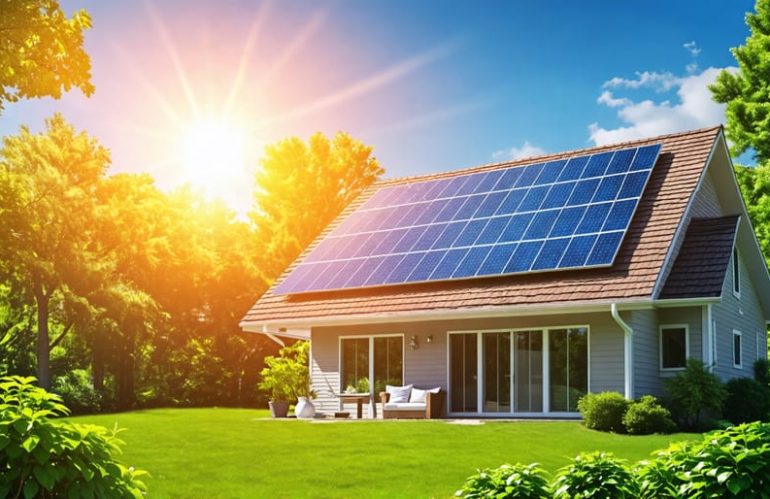 Suburban home with solar panels on the roof, surrounded by greenery and illuminated by sunlight, symbolizing renewable energy and sustainable living.