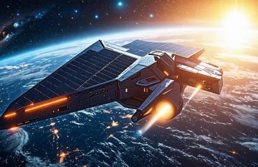 Futuristic spacecraft with solar panels traveling through outer space, illuminated by the sun with distant stars and galaxies in the background.