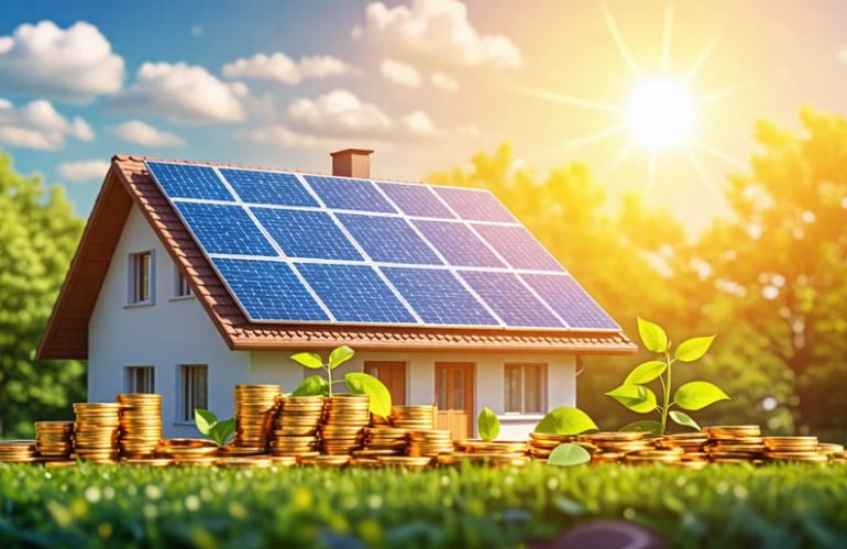 Illustration of a house with solar panels generating energy savings and environmental benefits, featuring symbols like coins, dollar signs, and greenery under a bright sun.