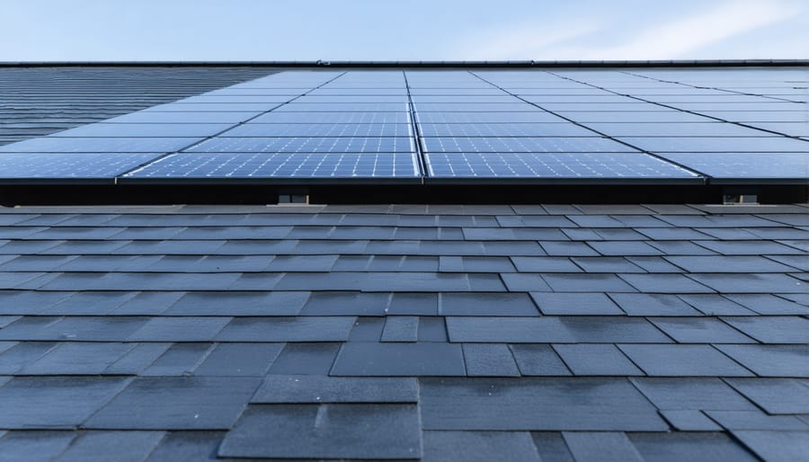 Solar roof tiles seamlessly integrated into a modern home's roof design