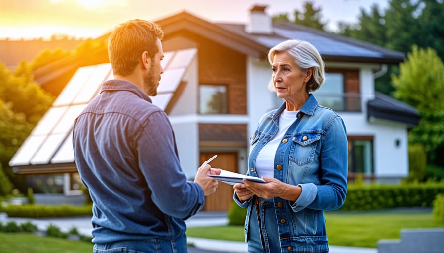 A homeowner discussing solar security options with a professional installer or consultant