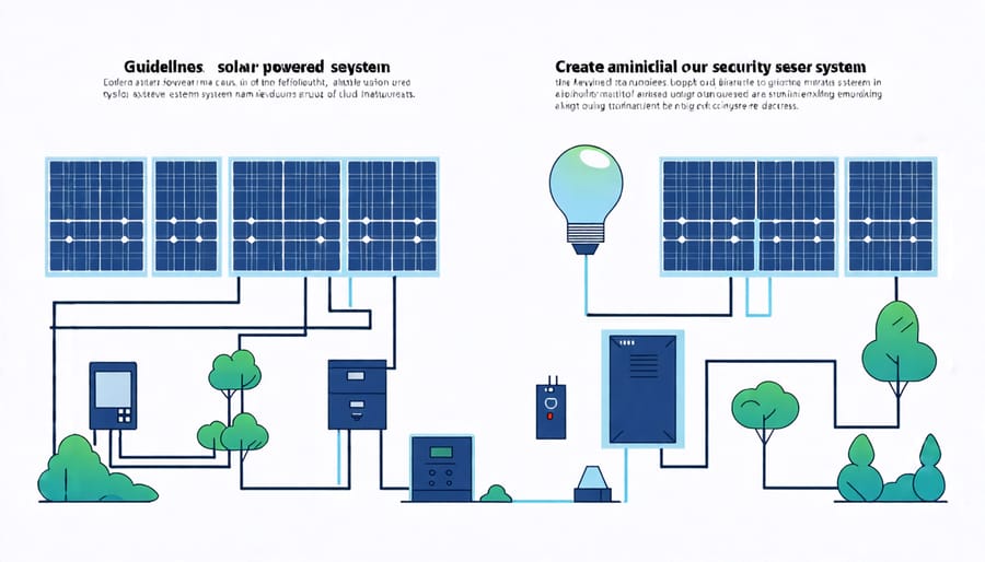 Illustrated diagram of solar panels, battery, cameras, and sensors in a home security system