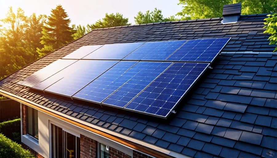 House roof featuring solar shingles that blend in with traditional shingles