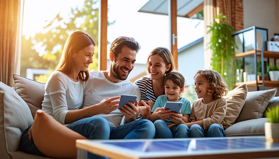 Happy family enjoying the benefits of their solar-powered smart home